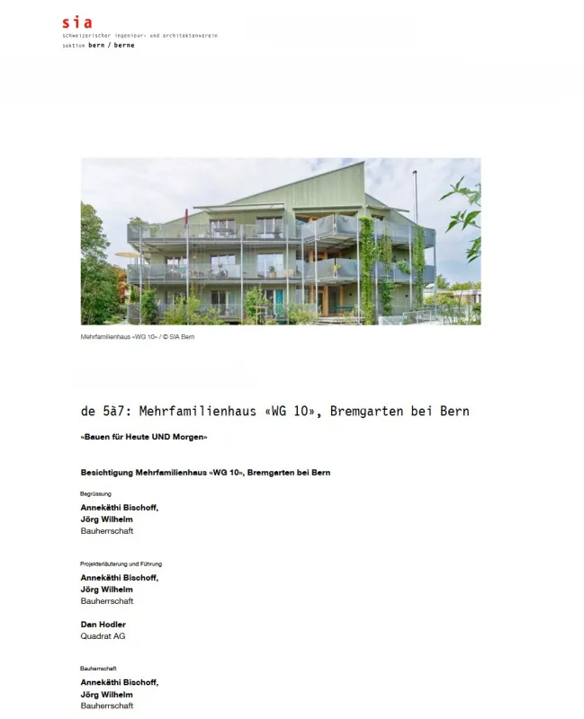 Flyer des Schweizerischen Ingenieur- und Architektenvereins (SIA), Sektion Bern, zur Besichtigung des Mehrfamilienhauses «WG 10» in Bremgarten bei Bern. Der Flyer zeigt ein Foto des Wohngebäudes und informiert über die Veranstaltung «Bauen für Heute UND Morgen» sowie über die Projektführung und die beteiligten Bauherrschaften.