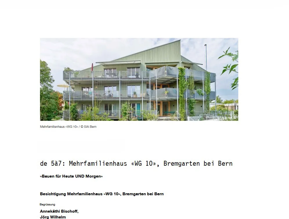 Flyer des Schweizerischen Ingenieur- und Architektenvereins (SIA), Sektion Bern, zur Besichtigung des Mehrfamilienhauses «WG 10» in Bremgarten bei Bern. Der Flyer zeigt ein Foto des Wohngebäudes und informiert über die Veranstaltung «Bauen für Heute UND Morgen» sowie über die Projektführung und die beteiligten Bauherrschaften.