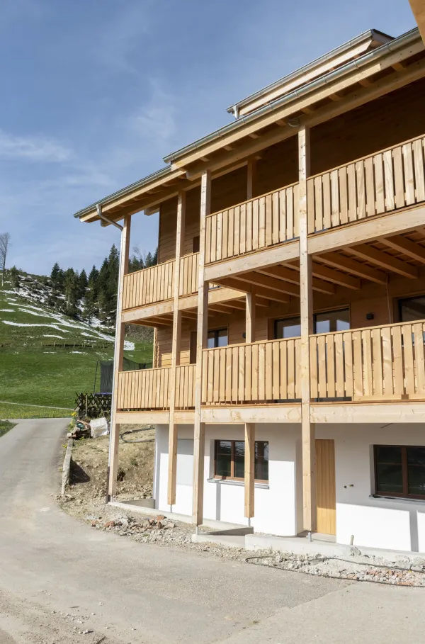 Aussenansicht eines neu errichteten Wohnhauses in Holzbauweise mit Satteldach und Balkonen, eingebettet in eine hügelige, ländliche Landschaft. Das Gebäude steht neben bestehenden landwirtschaftlichen Bauten. Im Vordergrund eine Wiese, im Hintergrund ein begrünter Hang mit Bäumen unter blauem Himmel.