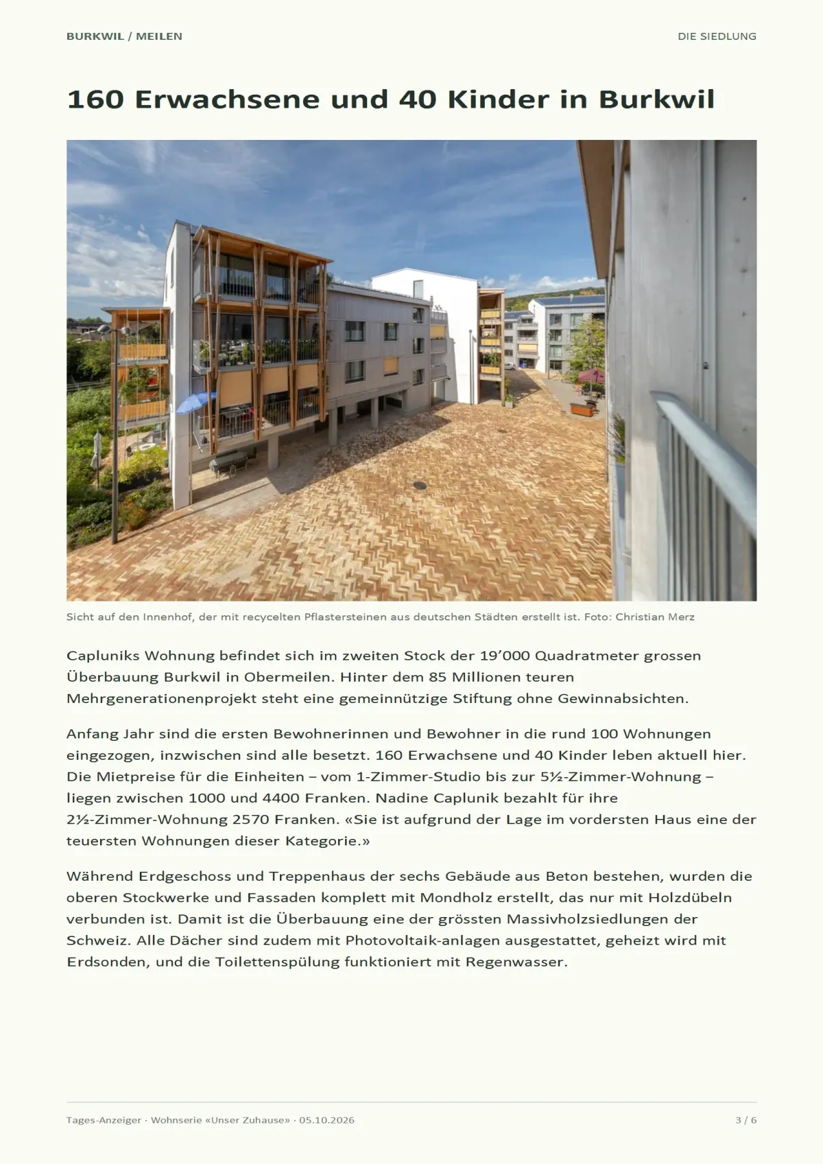 Tages-Anzeiger-Artikel vom 5. Oktober 2026 über das Leben in der Ökosiedlung Burkwil in Meilen, mit einem Foto von Nadine Caplunik am Holztisch ihrer Wohnung.