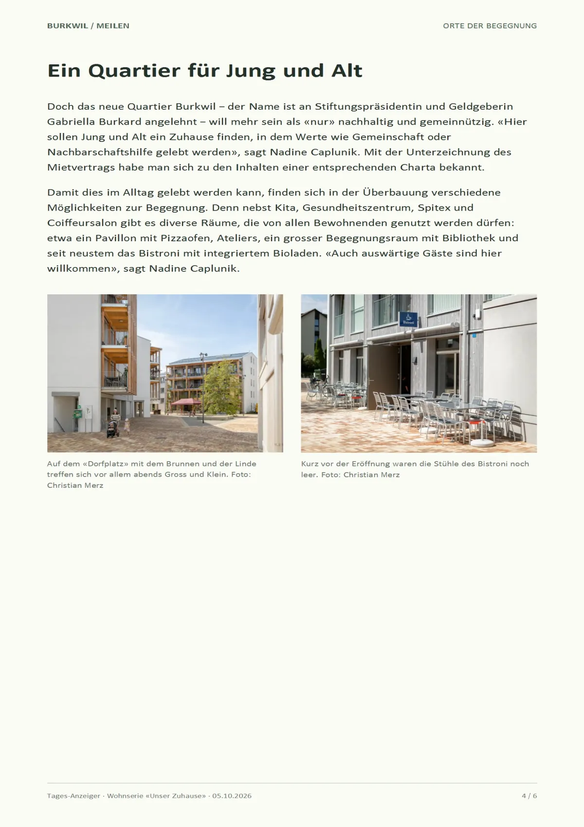 Tages-Anzeiger-Artikel vom 5. Oktober 2026 über das Leben in der Ökosiedlung Burkwil in Meilen, mit einem Foto von Nadine Caplunik am Holztisch ihrer Wohnung.