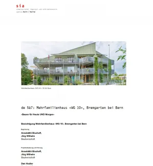 Flyer des Schweizerischen Ingenieur- und Architektenvereins (SIA), Sektion Bern, zur Besichtigung des Mehrfamilienhauses «WG 10» in Bremgarten bei Bern. Der Flyer zeigt ein Foto des Wohngebäudes und informiert über die Veranstaltung «Bauen für Heute UND Morgen» sowie über die Projektführung und die beteiligten Bauherrschaften.