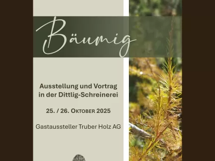 Flyer zur Veranstaltung *„Bäumig“ – Ausstellung und Vortrag in der Dittlig-Schreinerei am 25. und 26. Oktober 2025, mit der Truberholz AG als Gastaussteller. Im Design sind Naturmotive und die Logos von Dittlig-Schreinerei und Truberholz AG zu sehen.