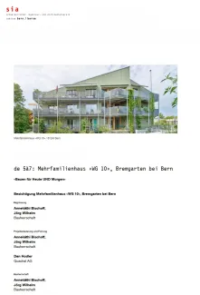 Flyer des Schweizerischen Ingenieur- und Architektenvereins (SIA), Sektion Bern, zur Besichtigung des Mehrfamilienhauses «WG 10» in Bremgarten bei Bern. Der Flyer zeigt ein Foto des Wohngebäudes und informiert über die Veranstaltung «Bauen für Heute UND Morgen» sowie über die Projektführung und die beteiligten Bauherrschaften.