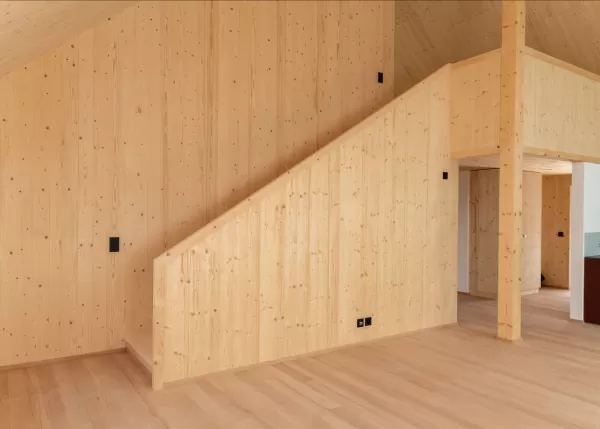 Truberholz-Haus Einfamilienhaus, vor vergraute Aussenschalung stehend, Innen Truberholz-Wände sichtbar, Dübel sichtbar, helles Haus mit grossen Fensterfronten in die Gehrung, eingekleidete Treppe, Haus mit Ziegel, inkl. Garage